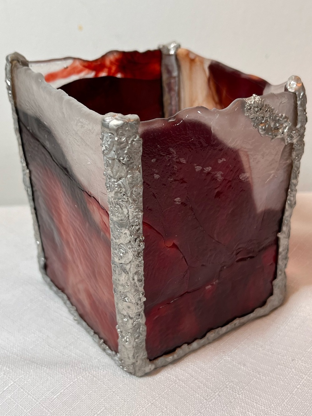 Artisan Stained Glass Red Decorative Candle Holder - Handcrafted Art